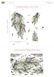 Detail view of botanical wall stickers showing layout and 103x103cm assembly dimensions