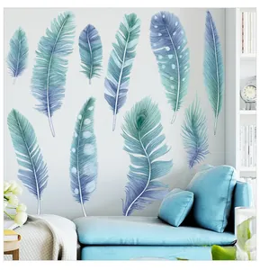 Detail of blue and purple gradient feather wall stickers applied in a modern living room