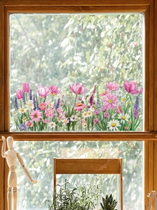 Stickers de fenêtre floraux tulipes et lavande sur vitre avec vue sur le jardin