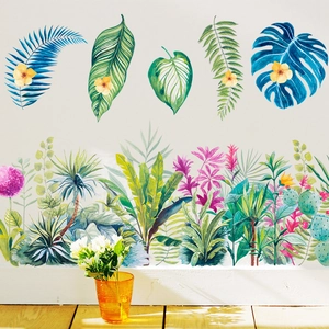 Stickers muraux avec feuilles tropicales vertes et fleurs pour décoration de chambre