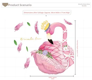 Pink flamingo wall sticker with crown and feathers, dimensions 80x71cm detail view