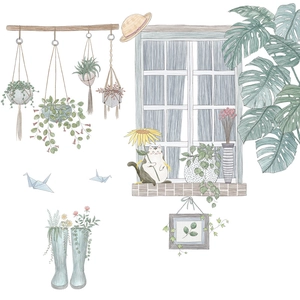Nordic wall stickers featuring a cat, window view, and lush green hanging plants