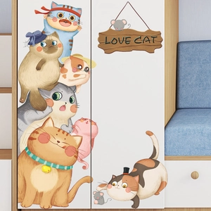 Self-adhesive cartoon cat wall stickers featuring diverse breeds for kids' bedroom decor
