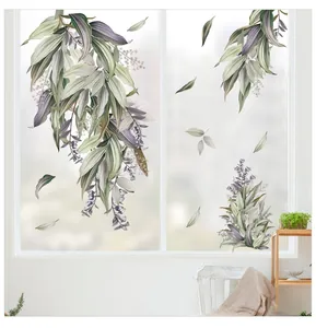 Detail of floral window decals with lavender flowers and green leaves on frosted glass