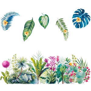 Stickers muraux plantes tropicales avec feuilles de monstera, palmes et fleurs de cactus