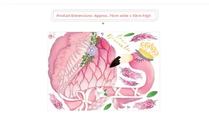 Detailed 70x50cm layout of pink flamingo wall decals with gold crown and floral accents