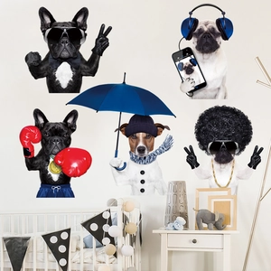 Funny cartoon dog wall stickers set featuring boxer and DJ styles for nursery room decor