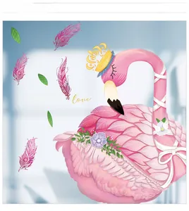 Pink flamingo wall sticker with golden crown and Romantic Love lettering detail