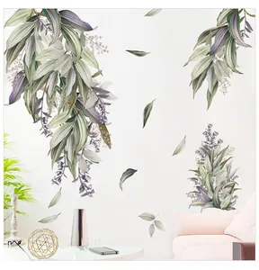 Detailed view of Nordic hanging green leaves and purple floral self-adhesive wall stickers