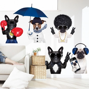 Funny dog wall stickers featuring boxing and disco themes for creative pet room decor