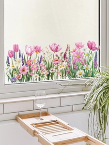 Stickers de fenêtre floraux avec tulipes et lavande sur fenêtre de salle de bain