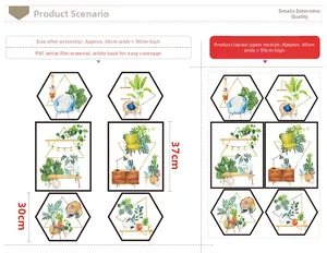 Detail showing Nordic tropical plant wall sticker layout dimensions and PVC material spec