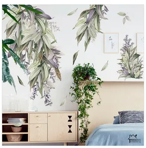Detail of Nordic hand-painted plant leaf wall stickers for home background decor