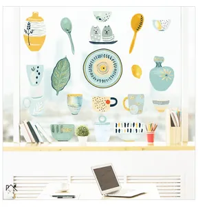 Waterproof kitchen wall stickers with Nordic vase and utensils on a glass window