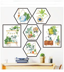 Detail view of Nordic tropical plant wall stickers in hexagonal and rectangular frames