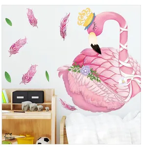 Pink flamingo wall sticker set with feathers and Romantic Love text for bedroom decor