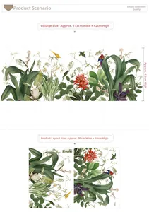Size chart showing 113x42cm tropical leaves wall sticker with birds and floral details