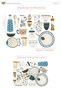 Detailed view of creative kitchen wall stickers featuring hand-drawn tableware and cats