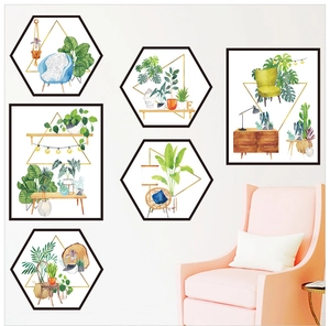 Detailed set of 6 Nordic tropical plant wall stickers with watercolor botanical designs