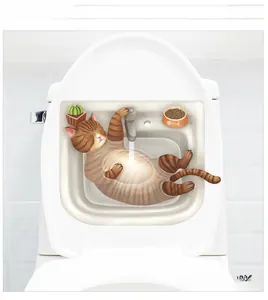 Detailed view of 3D sleeping cat wall sticker with waterproof realistic faucet and bowl