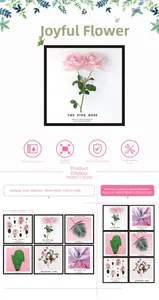 Detailed view of pink rose and palm leaf wall stickers showing layouts and 98x65cm dimensions