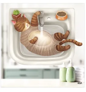 Close-up of waterproof PVC sticker showing a cute tabby cat playing in a sink