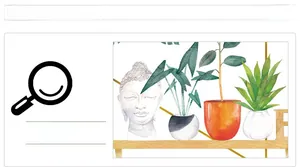 Detailed macro view of tropical potted plants and Buddha head wall decal on shelf