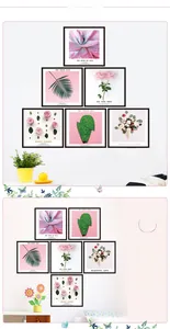 Set of 6 square wall art prints featuring Nordic style pink flowers and green botanical plants