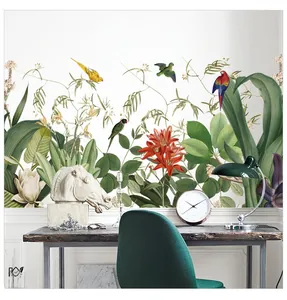 Modern tropical wall sticker with exotic birds and lush green leaves for home decoration