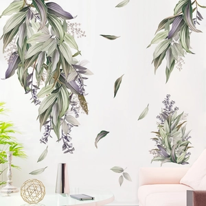 Nordic leaf and floral wall decal in Morandi green and purple for modern home decor