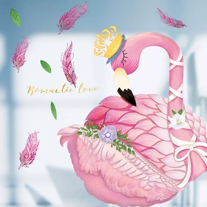 Romantic Pink Flamingo Wall Sticker With Golden Crown And Feather PVC Removable Decal For Bedroom Living Room Home Decor