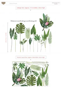 Realistic tropical monstera leaf wall decal stickers with product dimensions layout
