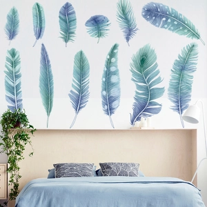 Artistic blue feather wall stickers set for bedroom decor with 12 gradient PVC decals