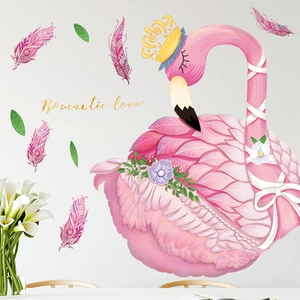 Pink flamingo wall stickers with gold crown and feathers for modern bedroom decoration