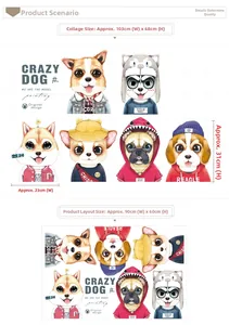 Detailed diagram of pug and cartoon dog wall stickers with size dimensions in centimeters