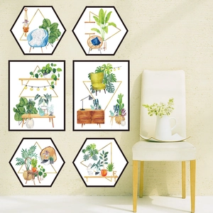 6-piece Nordic tropical plant wall sticker set with hexagonal and rectangular watercolor art