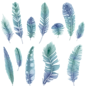 Self-adhesive blue feather wall stickers in gradient teal and purple for living room decor