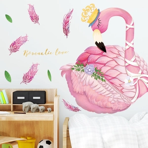 Pink flamingo wall decal with gold crown and feathers for modern bedroom decoration