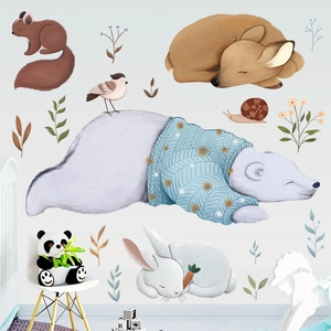 Nordic cartoon forest animals wall stickers featuring bears and deer for kids room