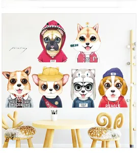 Set of 6 cartoon dog wall stickers including Husky and Pug in stylish human outfits