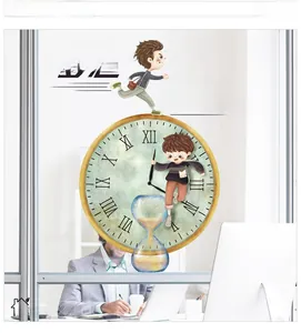 Detail view of motivational wall sticker featuring a clock, hourglass and running figures