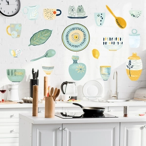 Minimalist hand-painted kitchen wall stickers featuring utensils in boho chic style