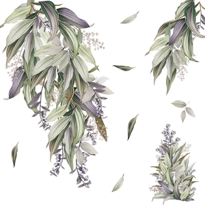 Nordic leaf plant self-adhesive wall sticker with elegant vintage green and purple floral patterns