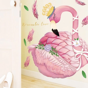 Pink flamingo wall sticker with crown and flowers for modern bedroom decor decoration