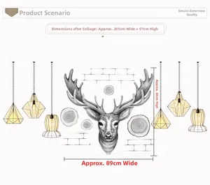 Detailed wall sticker dimensions showing 205x97cm moose head and modern hanging lamps