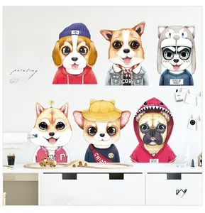Detailed view of six cartoon puppy wall stickers including Corgi and French Bulldog