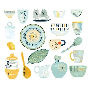 Nordic hand-painted ceramic tableware stickers with plant patterns for kitchen decor