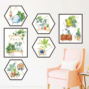 Nordic tropical plant wall stickers set with hexagonal watercolor green potted designs