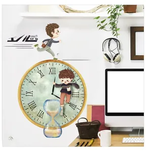Detail of office wall decal featuring a vintage roman clock and blue hourglass design