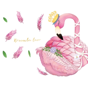 Pink flamingo wall sticker with golden crown and floral motifs for modern room decor